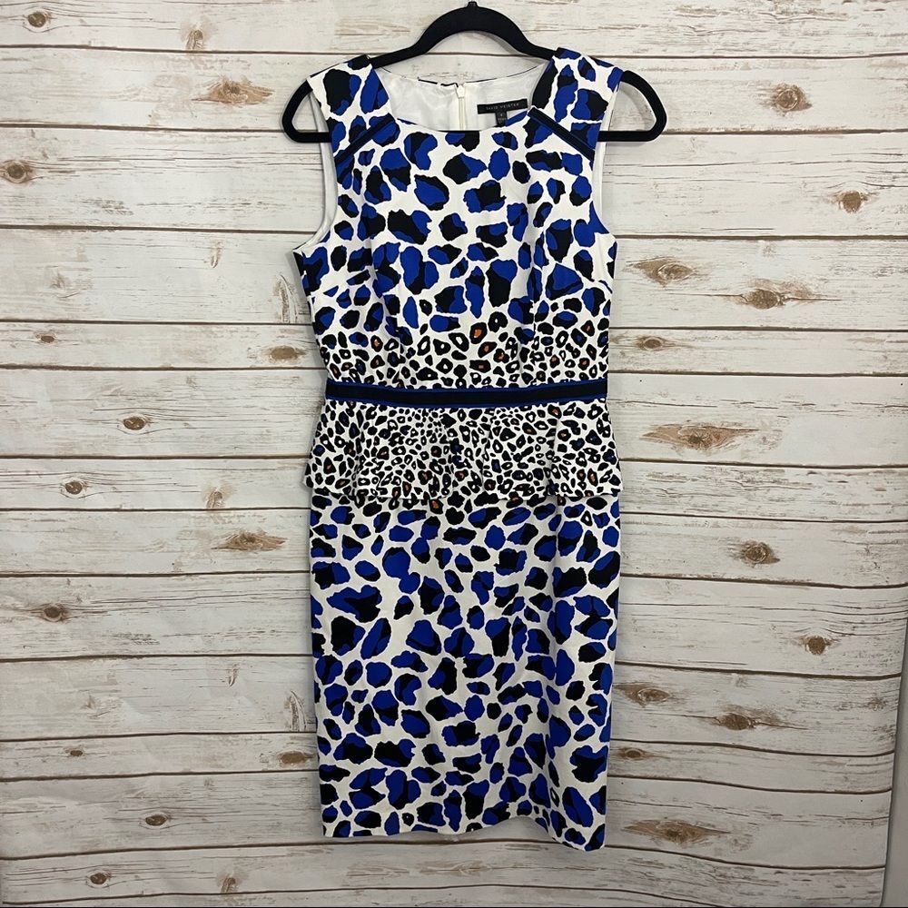 David Meister Blue Animal Print Peplum Hem Sheath Career Dress
